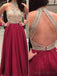 Sexy Open Back Halter Dark Red Two Beaded Custom Long Evening Prom Dresses, 17481