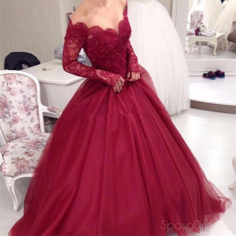 Off Shoulder Dark Red Long Sleeve Lace A line Long Evening Prom Dresses, 17470