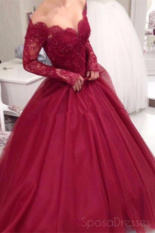 Off Shoulder Dark Red Long Sleeve Lace A line Long Evening Prom Dresses, 17470