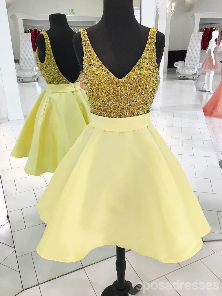 V Neck Yellow Beaded Backless Cheap Cute Simple Homecoming Dresses 2018, CM467