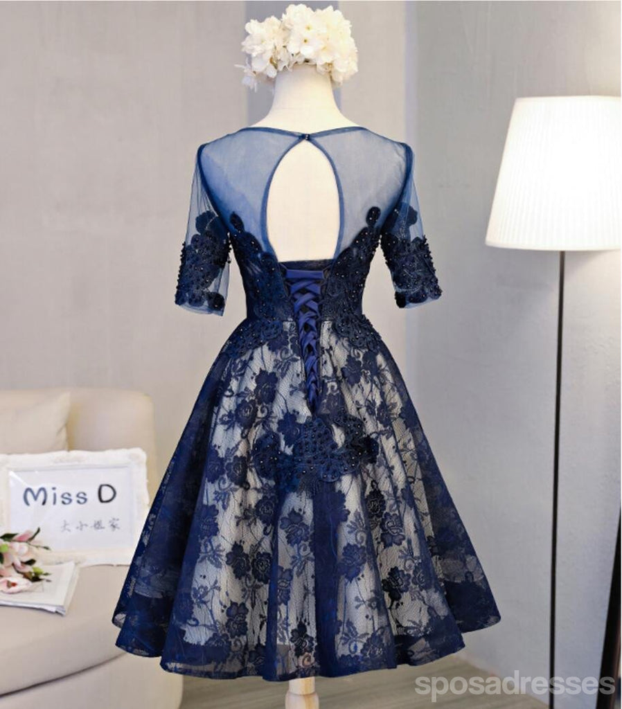 Short Sleeve Navy Lace Open Back Homecoming Prom Dresses, Affordable Short Party Prom Dresses, Perfect Homecoming Dresses, CM298