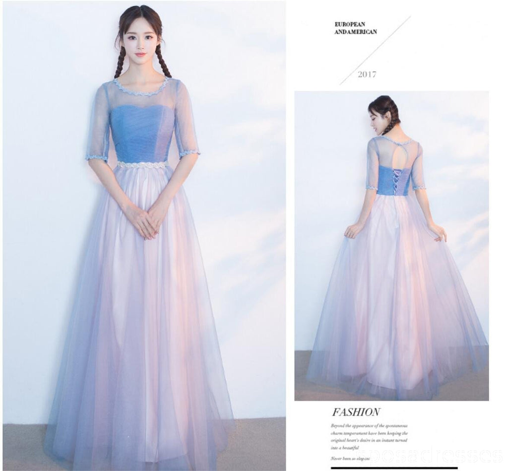 Mismatched Affordable Blue and Pink Tulle Long Bridesmaid Dresses, BD016