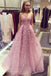 Popular V Neck Lace Pink A line Long Evening Prom Dresses, 17471