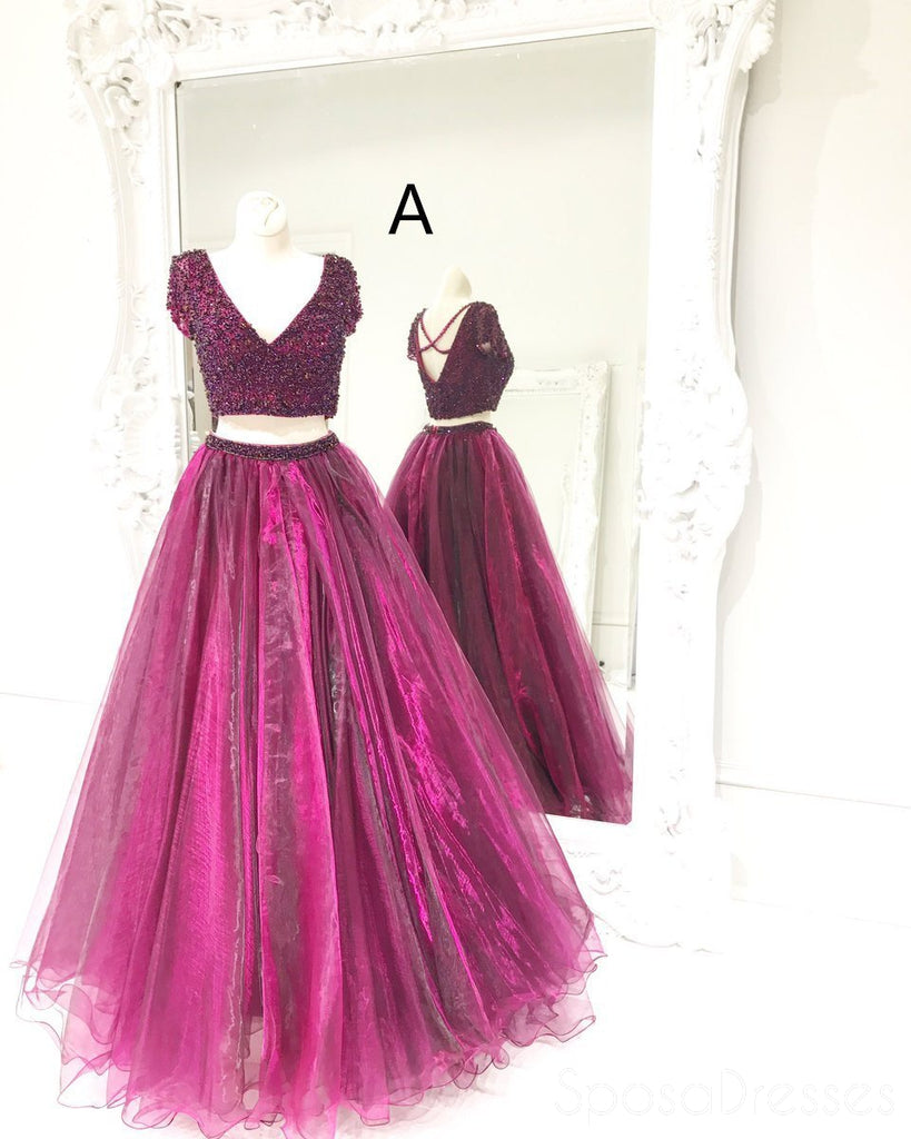Sexy Purple Two Pieces Backless Beaded Long Evening Prom Dresses, 17565