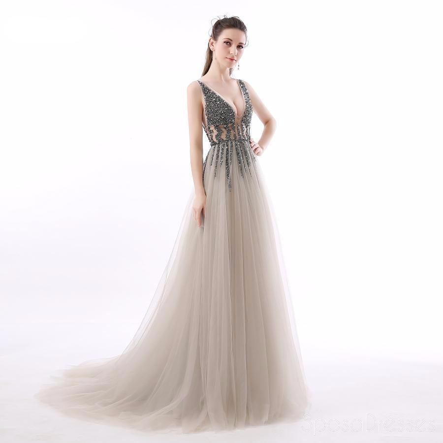 Sexy See Through V Neck Beaded Tulle A line Long Evening Prom Dresses, 17474