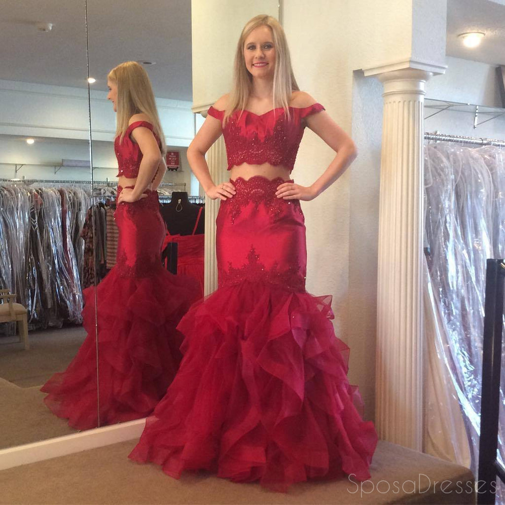 Red Off Shoulder Two Pieces Mermaid Long Evening Prom Dresses, 17568