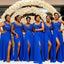Royal Blue Cap Sleevess Side Slit Floor Length Cheap Bridesmaid Dresses, WG528