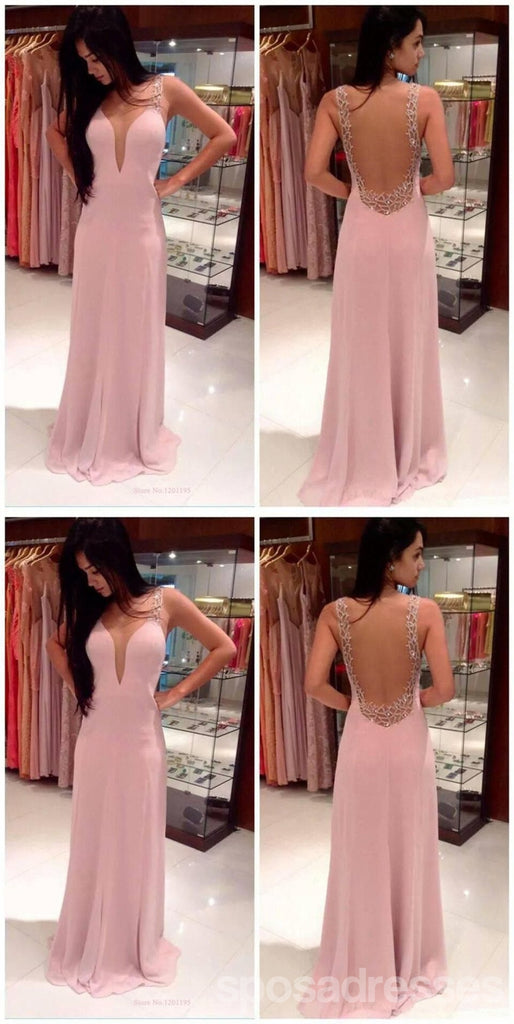 Simple Pink A-Line Backless V-neck Long Prom Dresses Online,Dance Dresses,12635