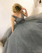 Popular V Neck Grey Beaded A-line Long Evening Prom Dresses, 17570