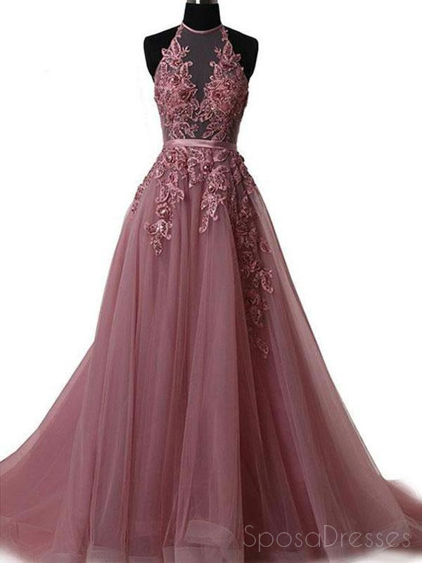 Halter Dusty Red See Through A line Lace Long Custom Evening Prom Dresses, 17408
