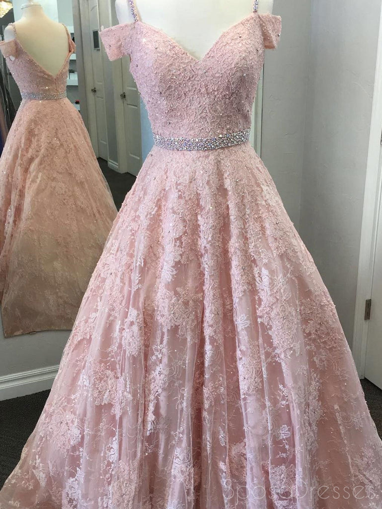Fashion New Style Backless Pink Off Shoulder Lace Beaded Ball Gown Long Evening Prom Dresses, 17349