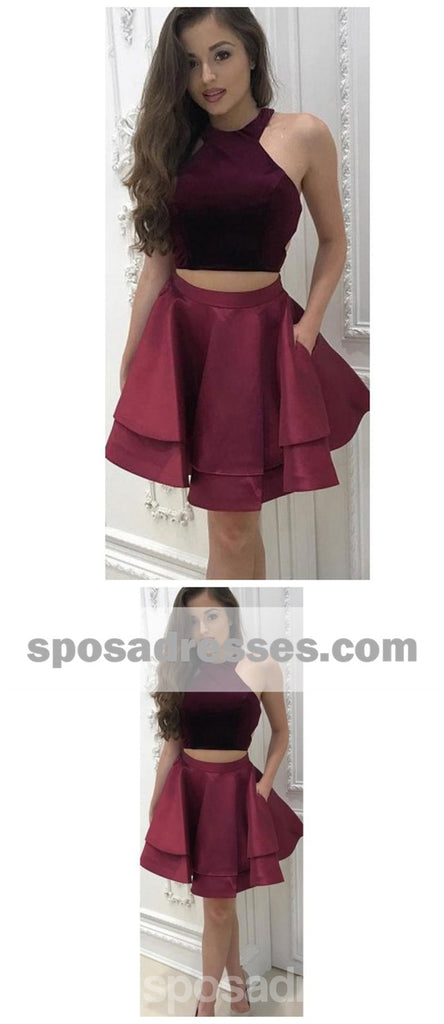 Sexy Two Pieces Simple Cheap Halter Dark Red Short Homecoming Dresses Online, CM538