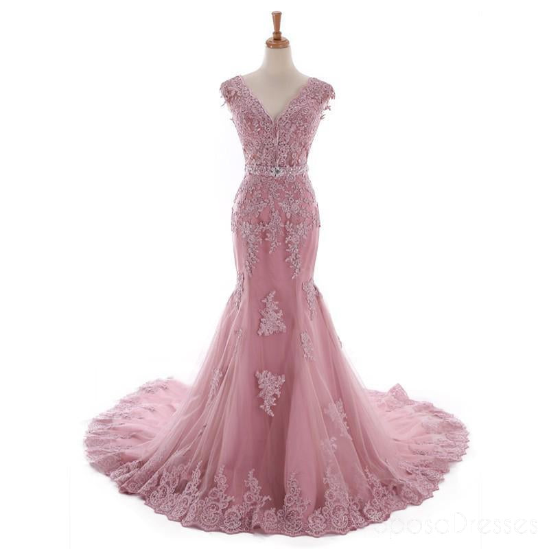 Sexy Lace Mermaid V Neckine Dusty Pink Long Evening Prom Dresses, Popular Cheap Long 2018 Party Prom Dresses, 17226