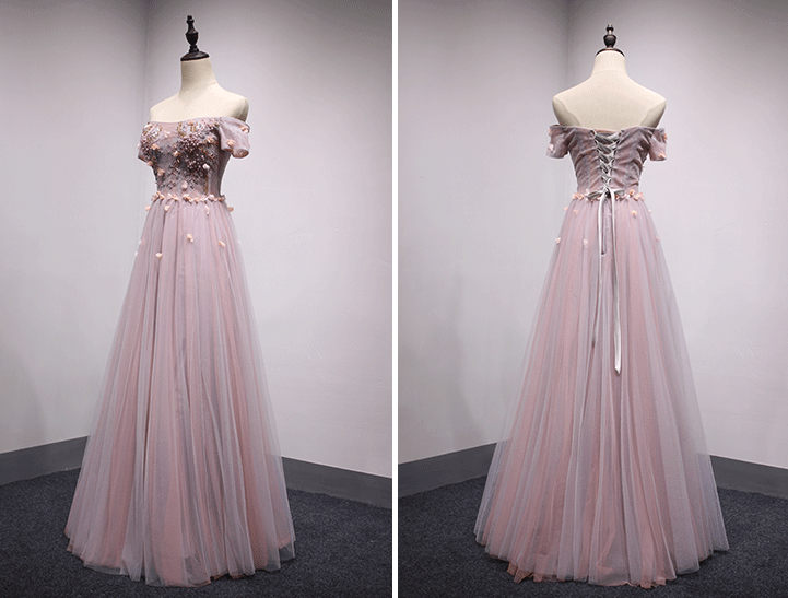 Off Shoulder Purple Short Sleeve A-line Long Evening Prom Dresses, 17619