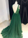 V-Ausschnitt-Emerald Green Tüll A-line Langen Abend Prom Kleider Custom, 17452