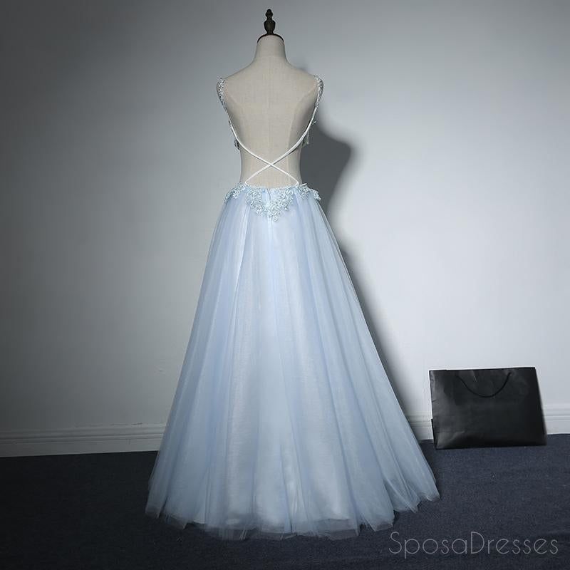 Pale Blue Sexy Cross Back Lace Beaded Evening Prom Dresses, Popular Lace Party Prom Dresses, Custom Long Prom Dresses, Cheap Formal Prom Dresses, 17179