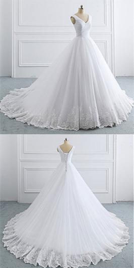 White V neck Tulle Cheap Wedding Dresses Online, Cheap A-line Bridal Dresses, WD464