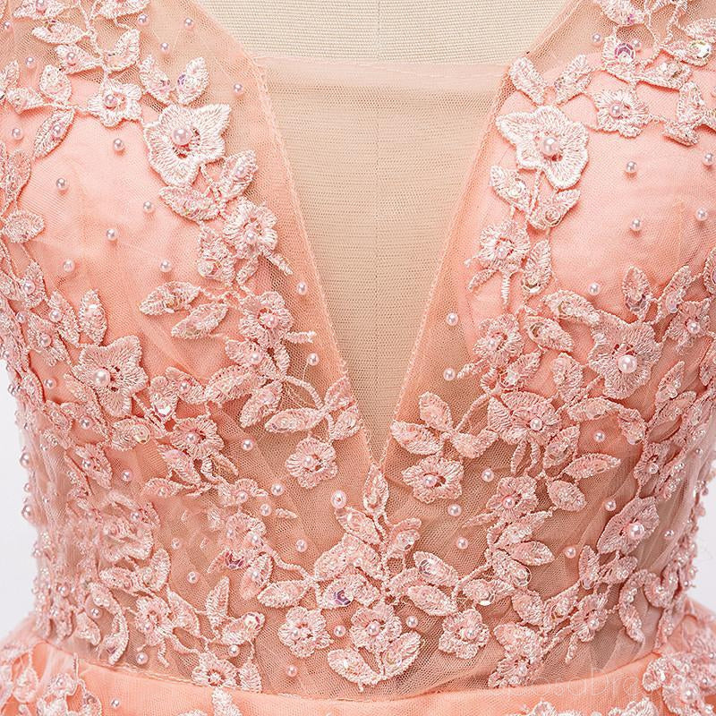 Sexy Backless V Neckline Lace A line Peach Long Evening Prom Dresses, Popular Cheap Long 2018 Party Prom Dresses, 17227