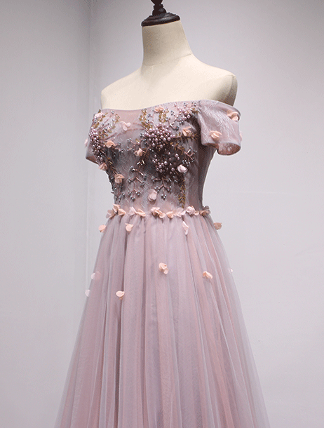 Off Shoulder Purple Short Sleeve A-line Long Evening Prom Dresses, 17619