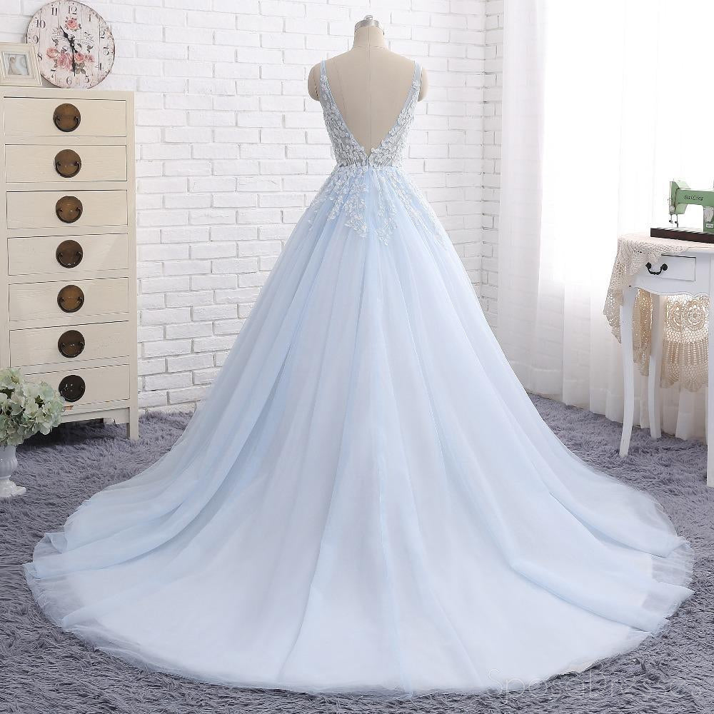Pale Blue V Neckline A line Tulle Lace Beaded Evening Prom Dresses, Popular Sweet 16 Party Prom Dresses, Custom Long Prom Dresses, Cheap Formal Prom Dresses, 17171
