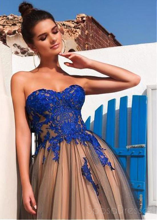 Sweetheart Royal Blue Lace A line Long Evening Prom Dresses, 17478