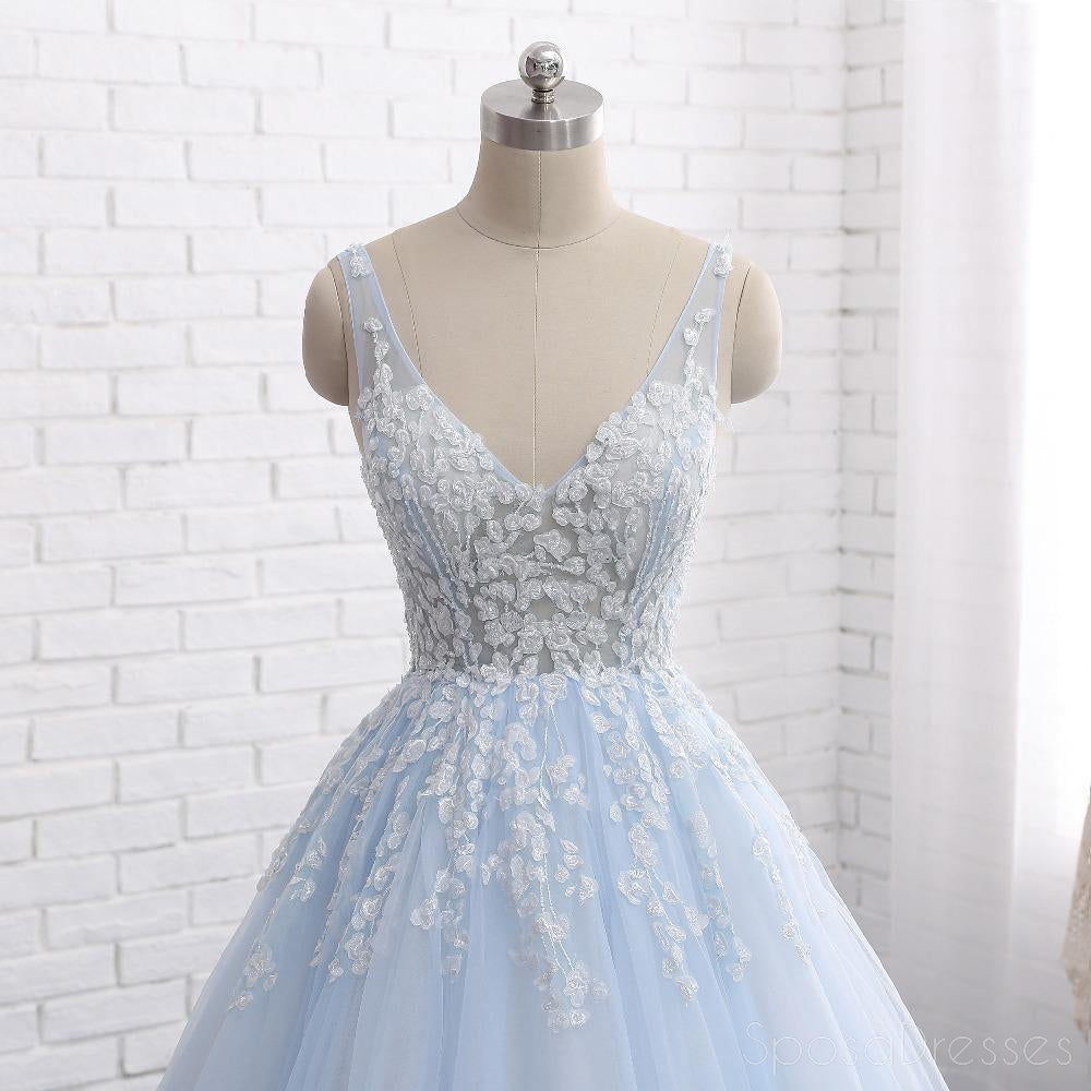Pale Blue V Neckline A line Tulle Lace Beaded Evening Prom Dresses, Popular Sweet 16 Party Prom Dresses, Custom Long Prom Dresses, Cheap Formal Prom Dresses, 17171