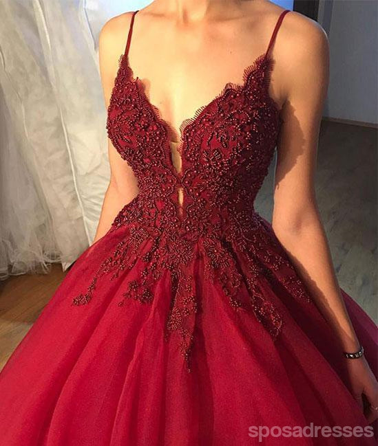 Rojo oscuro Una línea Lace Beaded V Neckline Long Evening Prom Dresses, Vestidos de la Fiesta de promoción del Partido Largos, 17274