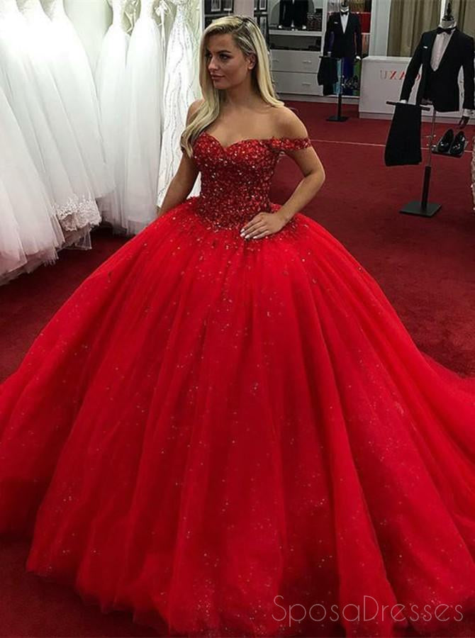 Off Shoulder Red Ball Gown Rhinestone Beaded Long Custom Evening Prom Dresses, 17438