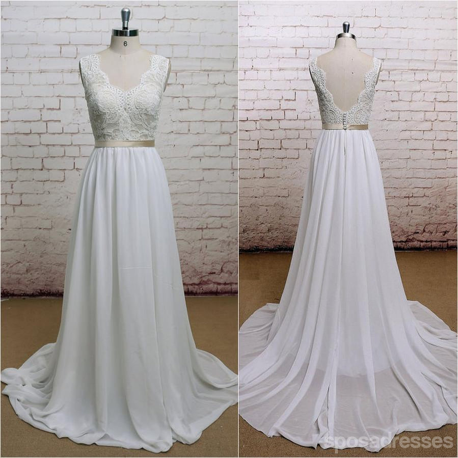 Backless V Neck Cap Sleeve Lace Simple Cheap Beach Wedding Dresses, WD323