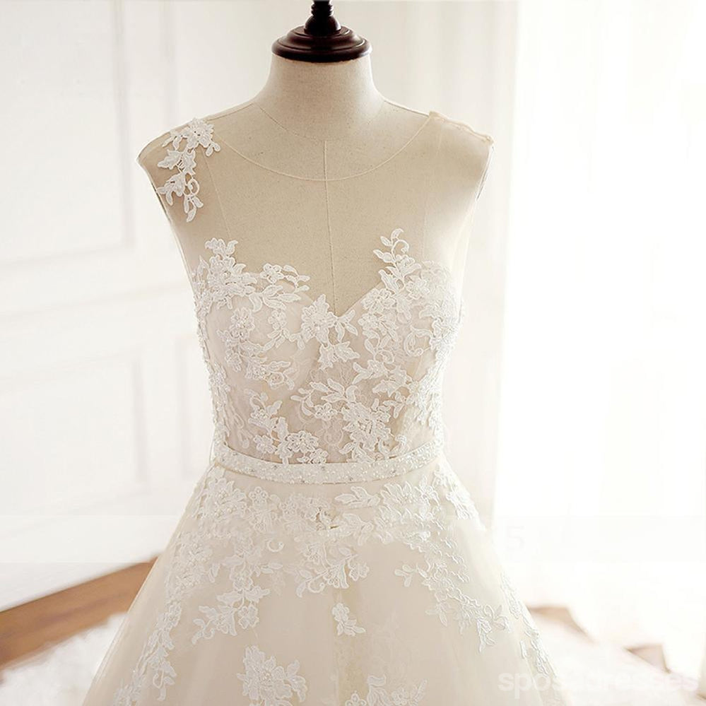 Sexy See Through Lace Beaded Scoop Neckline A line Wedding Bridal Dresses, Affordable Custom Made Wedding Bridal Dresses, WD263