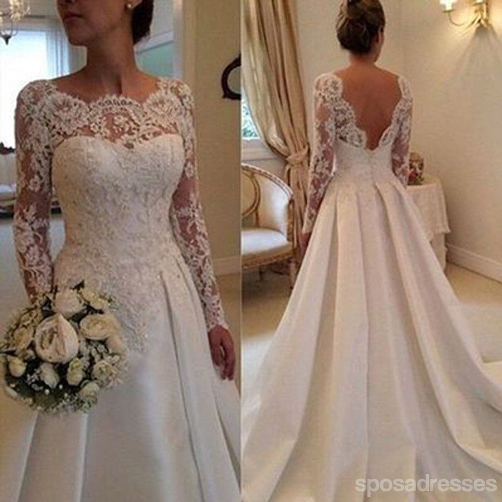 Long A-line Full Length Round Neck Long Sleeve Lace Top Satin Wedding Party Dresses, WD0043