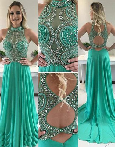 Sexy Open Back Halter Delicately Beaded Green Long Evening Prom Dresses, Popular Cheap Long Custom Party Prom Dresses, 17341