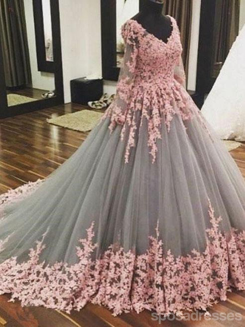 Lange Ärmel V Dekolleté Pink Lace Custom Long Evening Prom Dress, 17379
