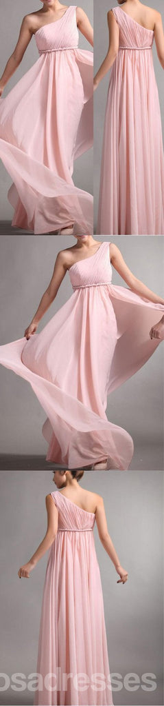 Popular Junior One Shoulder Pink Chiffon Simple Cheap Long Pleating Wedding Party Vestido de dama de honor caliente, WG49