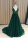 V-Ausschnitt-Emerald Green Tüll A-line Langen Abend Prom Kleider Custom, 17452