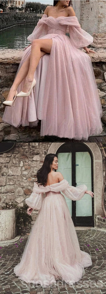 Gorgeous Pink A-line High Slit Cheap Maxi Long Prom Dresses,13261