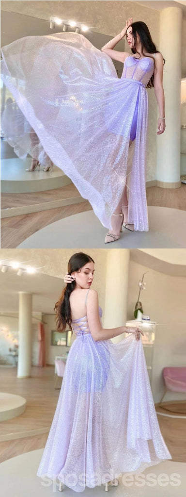 Sparkly A-line Spaghetti Straps High Slit Maxi Long Prom Dresses,13268