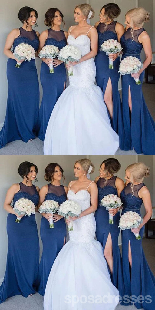 Illusion Blue Mermaid Jewel Side Slit Cheap Long Bridesmaid Dresses,WG1589