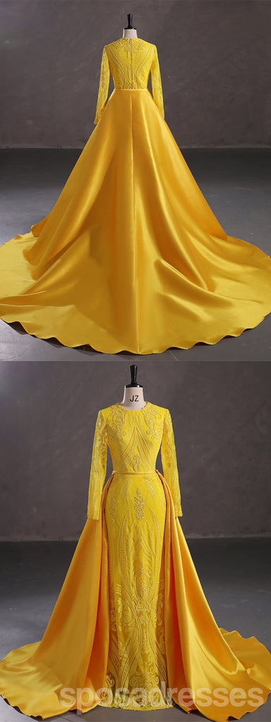 Modest Yellow Mermaid Long Sleeves Jewel Prom Dresses Online,13060