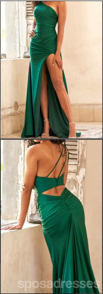 Sexy Green Sheath One Shoulder High Slit Cheap Long Prom Dresses,13040