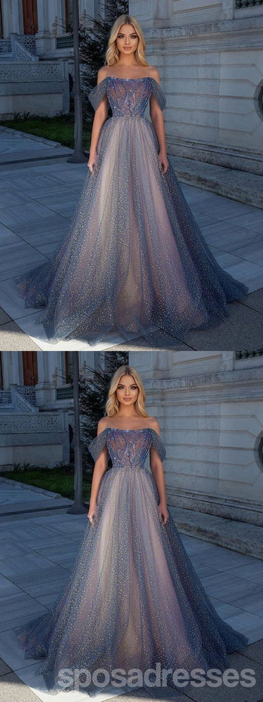 Gorgeous Blue A-line Off Shoulder Maxi Long Prom Dresses,Evening Dresses,13201