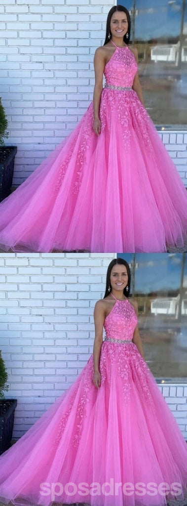 Pink A-line Halter Cheap Long Prom Dresses, Evening Party Dresses,12937