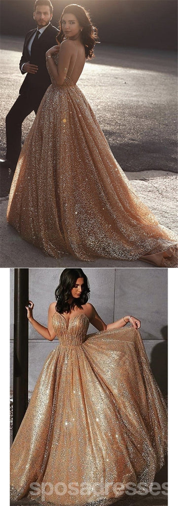 Sparkly Gold Mermaid Spaghetti Straps Backless Maxi Long Prom Dresses,13125
