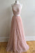 2018 Blush Pink Halter Lace Beaded Long Custom Evening Prom Dresses, 17412