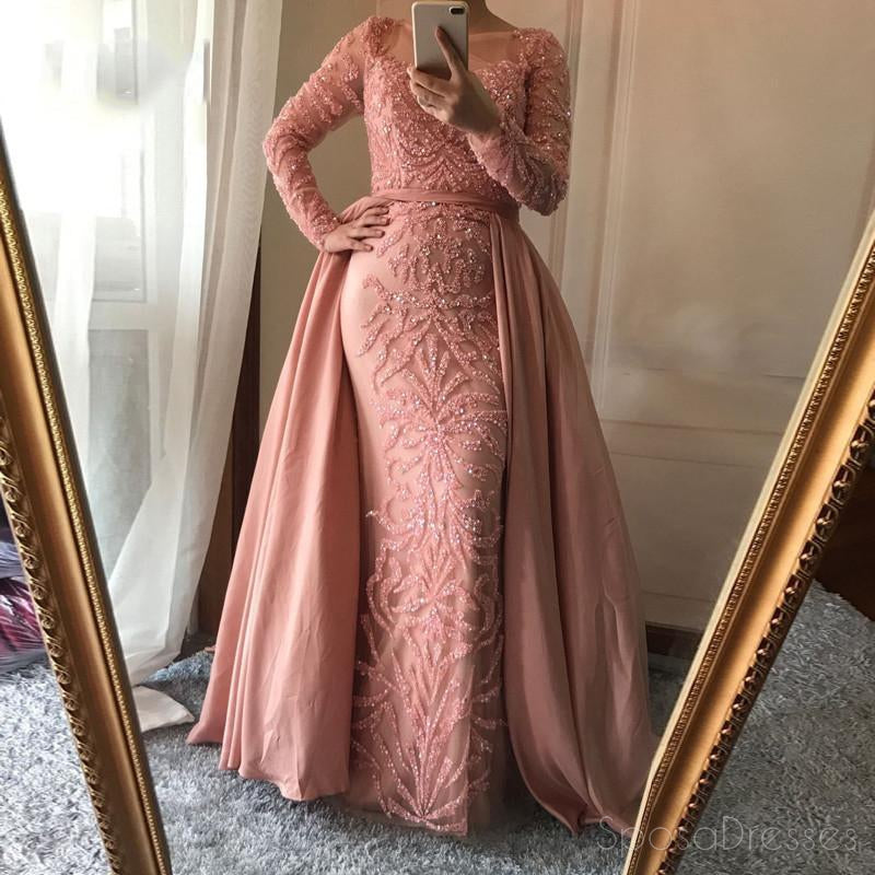 Long Sleeve See Through Heavily Beaded Dusty Pink Long Evening Prom Dresses, Popular Cheap Long 2018 Party Prom Dresses, 17228