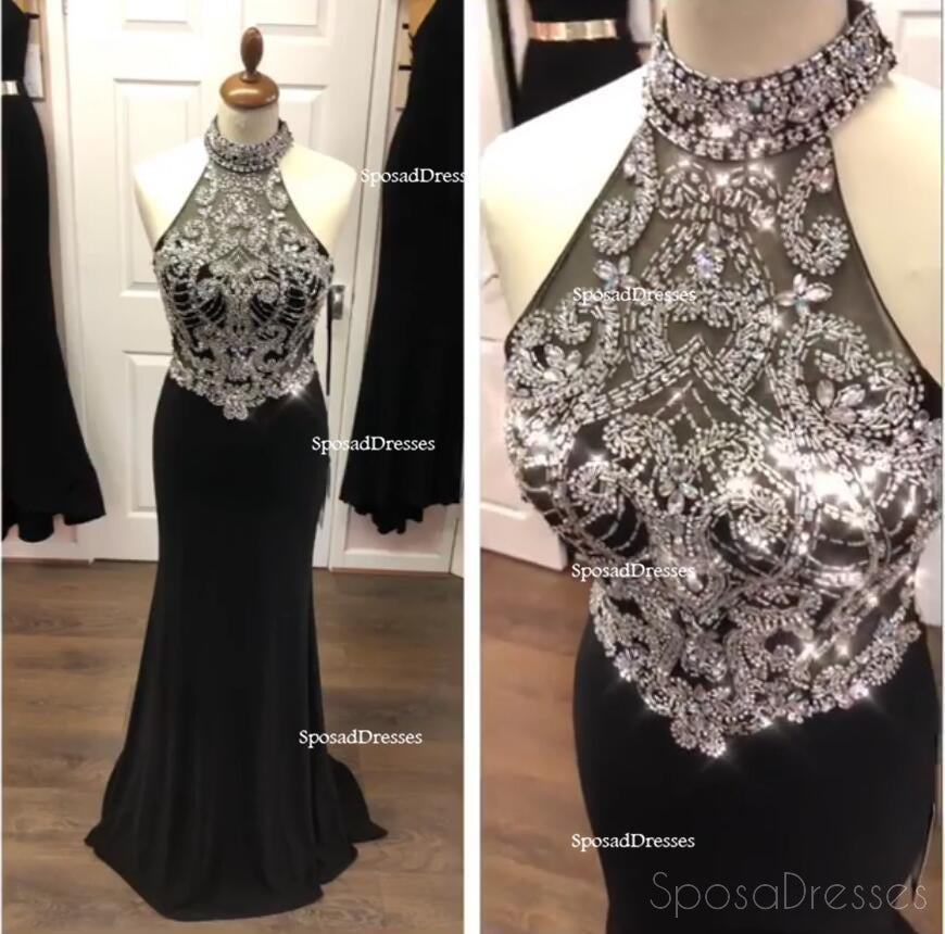 Sexy Open Back Halter Heavily Beaded Black Mermaid Long Evening Prom Dresses, Popular Cheap Long 2018 Party Prom Dresses, 17278