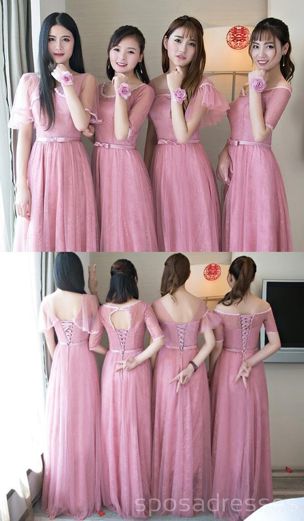 Cute Pink Lace Tulle Long Bridesmaid Dresses, Long Bridesmaid Dresses, BD004