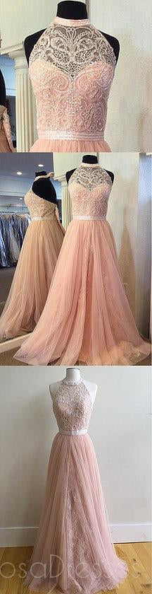 2018 Blush Pink Halter Lace Beaded Long Custom Evening Prom Dresses, 17412