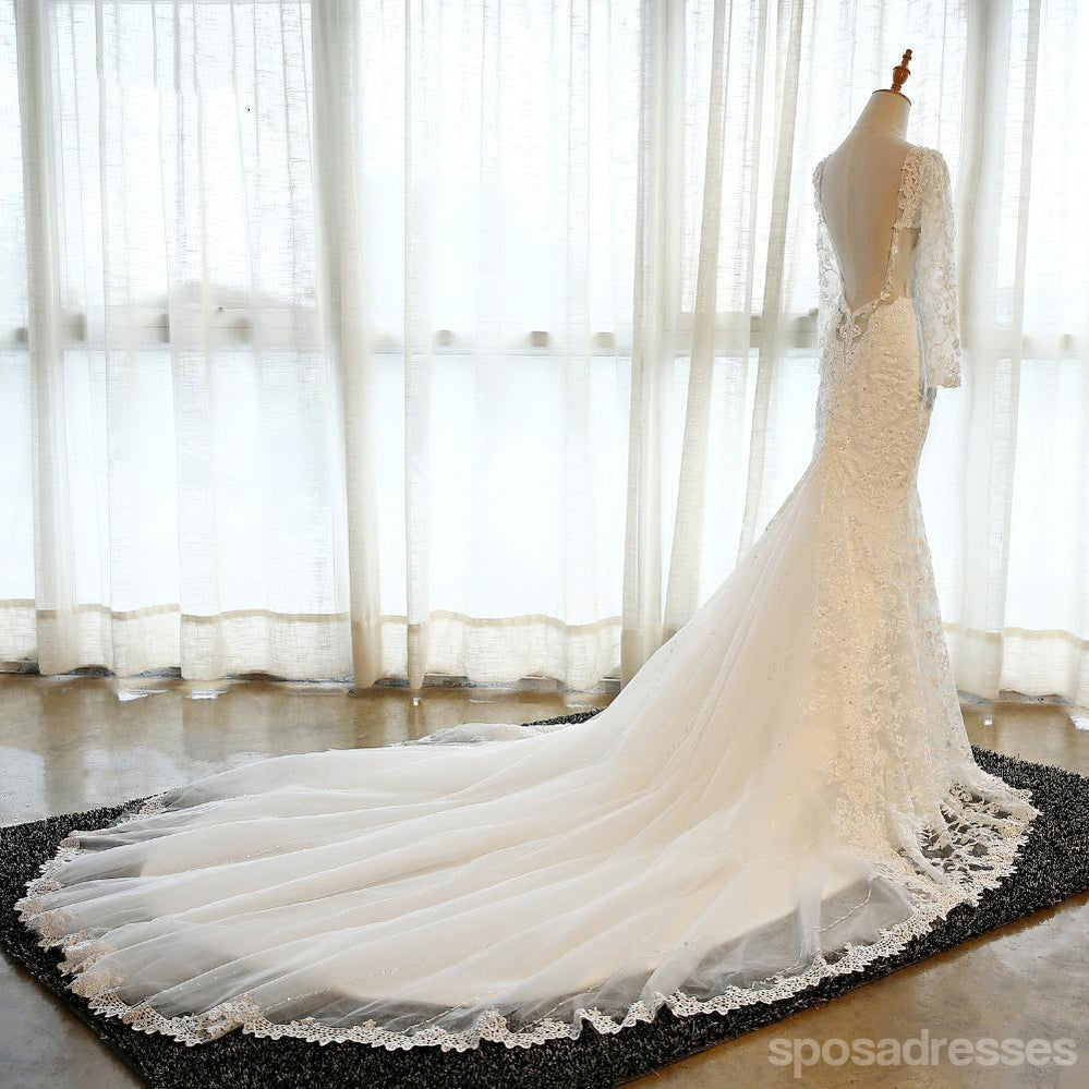 Προκλητικά Backless μακριά γαμήλια νυφικά φορέματα γοργόνων δαντελλών μανικιών, φτηνά επί παραγγελία γαμήλια νυφικά φορέματα, WD272