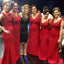 Κόκκινη Δαντέλα Από τον Ώμο V-Λαιμό Γοργόνα Πολύ Γοητευτικό Ανέξοδη Σέξι Φορέματα Παράνυμφων, WG53